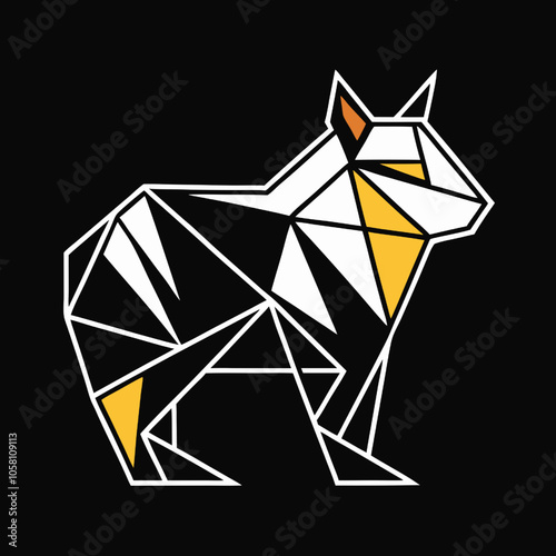 Geometric Bear Illustration: A bold, geometric illustration of a bear in black, white and gold. The abstract design creates a striking visual that is both modern and minimalist.