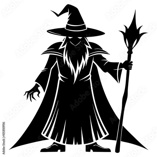 The Dark Sorcerer: A silhouette of a menacing wizard, cloaked in shadow with a pointed hat and staff, radiating power and mystery.  This image evokes a sense of enchantment, danger, and the unknown.