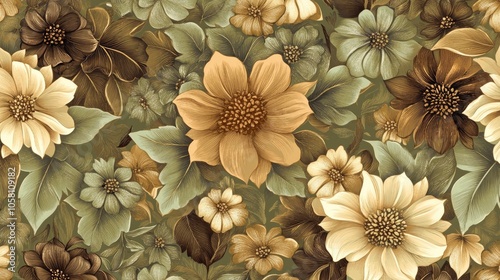 Sophisticated earth-toned floral pattern with intricate flowers and leaves in shades of brown, green, and tan, set against a complementary background for a serene look. 