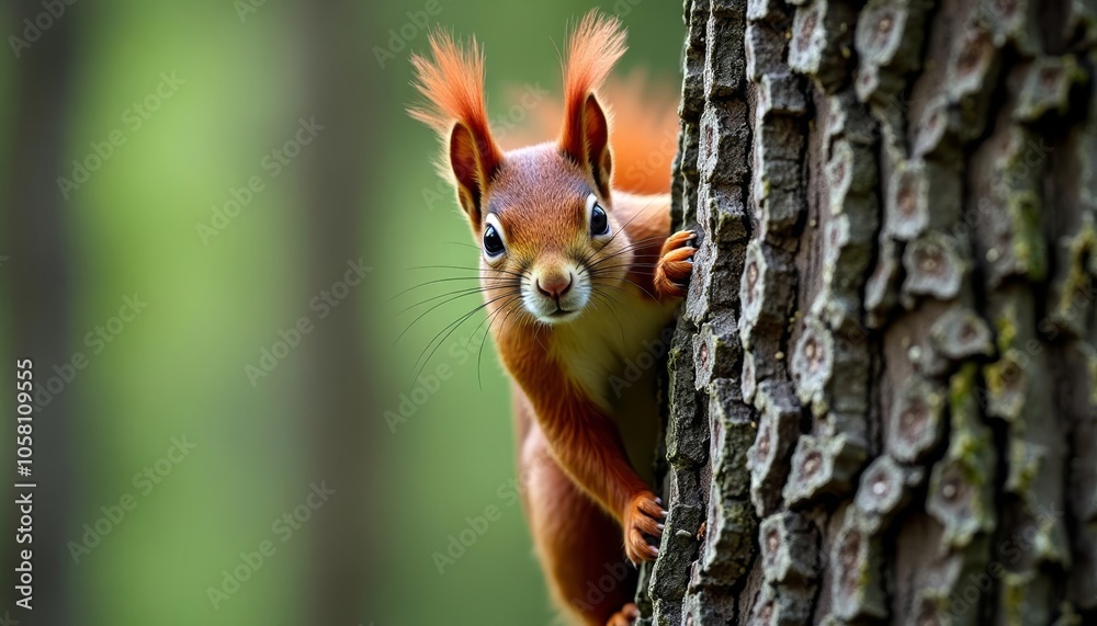 Curious squirrel peeking from tree trunk Curious squirrel peeking from tree trunk