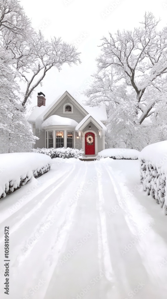 A charming gray craftsman house features a vibrant red door, set against a thick layer of snow in Long Island, New York during winter A charming gray craftsman house features a vibrant red door, set against a thick layer of snow in Long Island, New York during winter