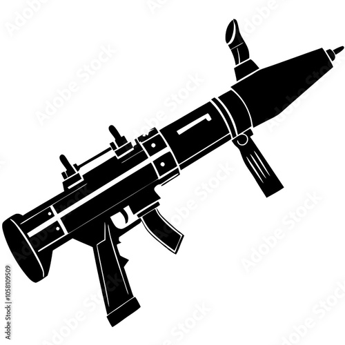 RPG Silhouette: Powerful and menacing, a black and white illustration of a rocket-propelled grenade launcher.  A symbol of military might and tactical warfare.