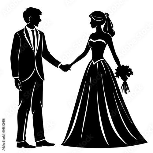 Forever in Silhouette: Elegant black and white silhouette of a bride and groom holding hands, symbolizing everlasting love and commitment. Perfect for wedding invitations, announcements.