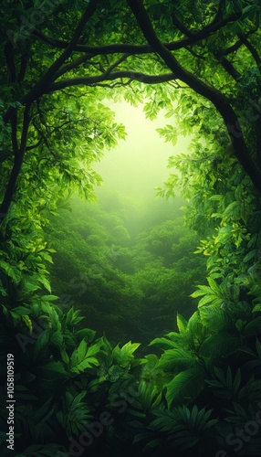 Lush green forest with a serene light filtering through the trees.