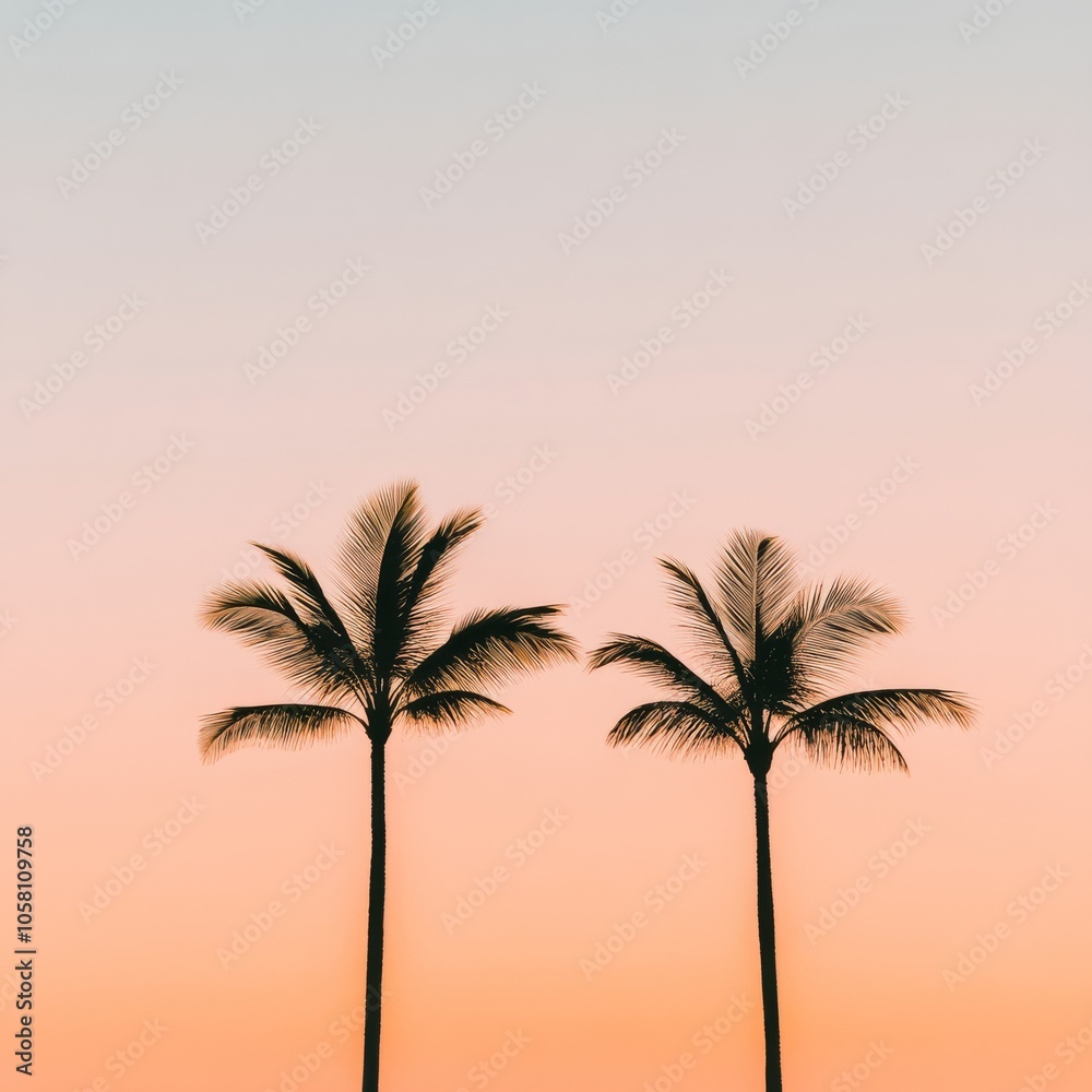 A tropical beach at sunrise with swaying palm trees and soft pastel skies. A tropical beach at sunrise with swaying palm trees and soft pastel skies.