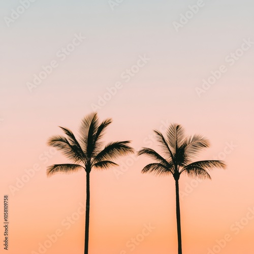 A tropical beach at sunrise with swaying palm trees and soft pastel skies.