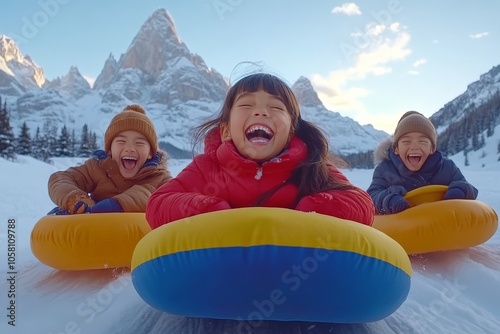 Group of children laughing and enjoying a thrilling winter tubing ride down a snowy hill against a mountain backdrop capturing the joy and excitement of a snowy day