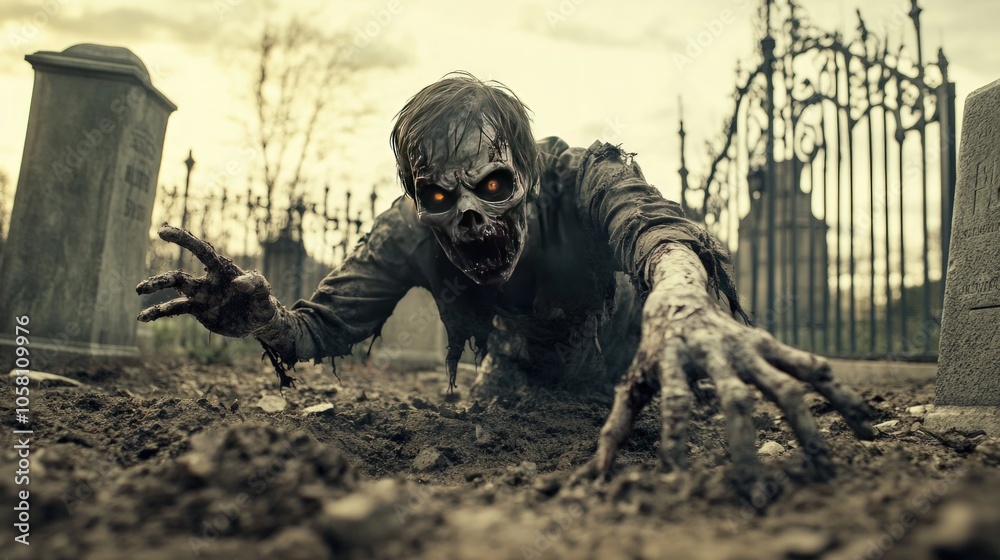 Zombie Crawling From the Grave in a Cemetery Zombie Crawling From the Grave in a Cemetery