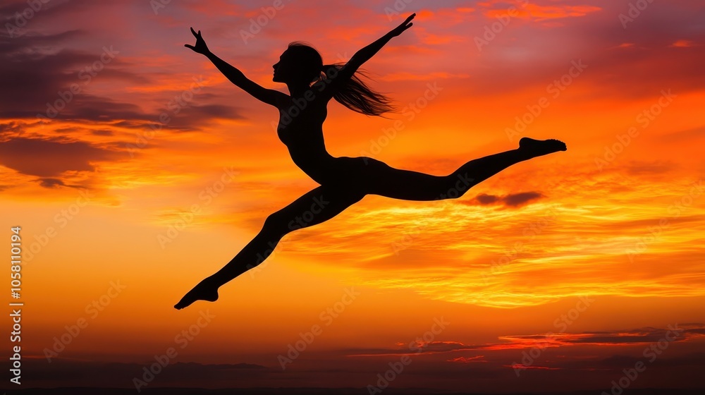 Silhouette of a Woman Jumping in a Vibrant Sunset Sky. Silhouette of a Woman Jumping in a Vibrant Sunset Sky.