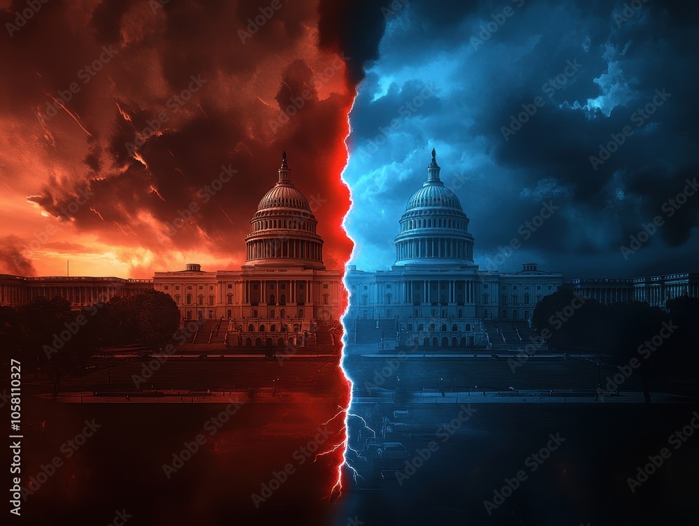 Fototapeta premium US Capitol Building Divided by Red and Blue Lightning, Political Conflict Concept.