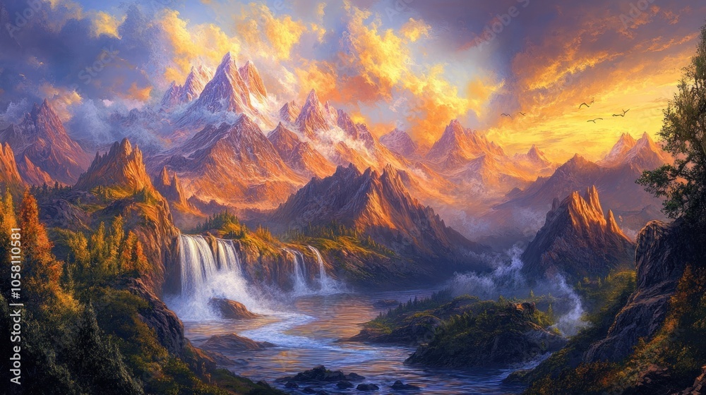 Majestic Mountain Landscape with Waterfall and Sunset Majestic Mountain Landscape with Waterfall and Sunset