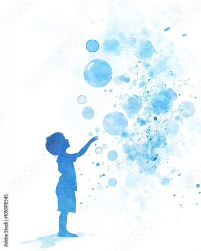 Watercolor Silhouette of a Child Reaching for Bubbles, Blue and White Abstract Design, Illustration.