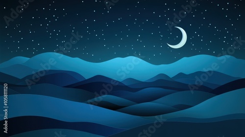 Abstract Night Sky with Crescent Moon and Mountains in Paper Cut Style.