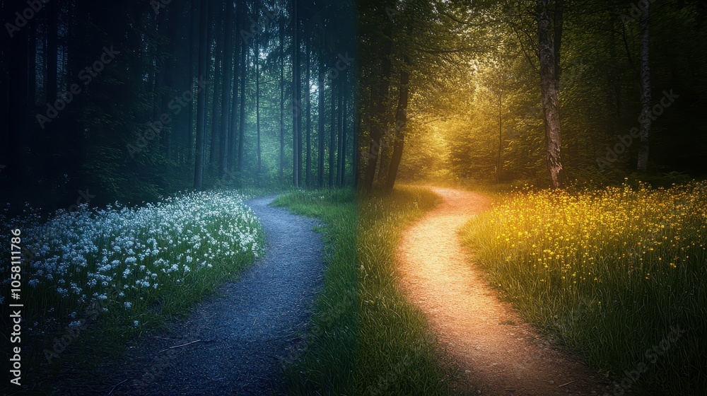 Mystical Forest Path Split by Day and Night - Two Paths, One Journey Mystical Forest Path Split by Day and Night - Two Paths, One Journey