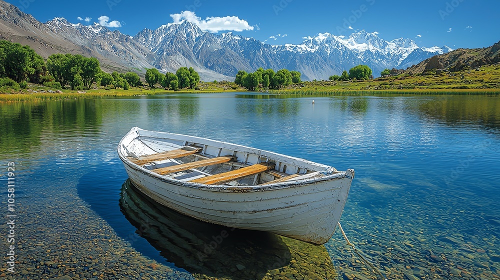 Rowboat on calm lake with mountain backdrop Rowboat on calm lake with mountain backdrop