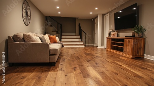 Cozy Modern Basement Living Room with Wooden Flooring and Comfortable Sofa in Contemporary Home Interior