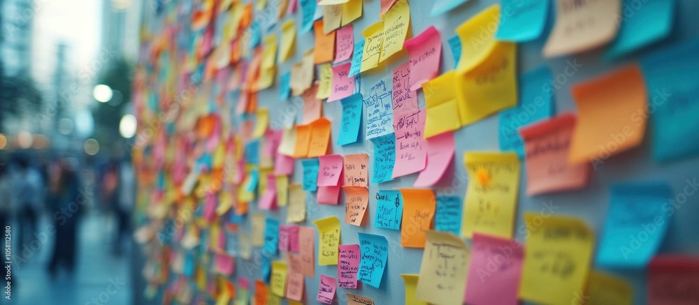 A wall covered in colorful sticky notes with handwritten messages, seen from an angle, with a blurred background of a city street. A wall covered in colorful sticky notes with handwritten messages, seen from an angle, with a blurred background of a city street.