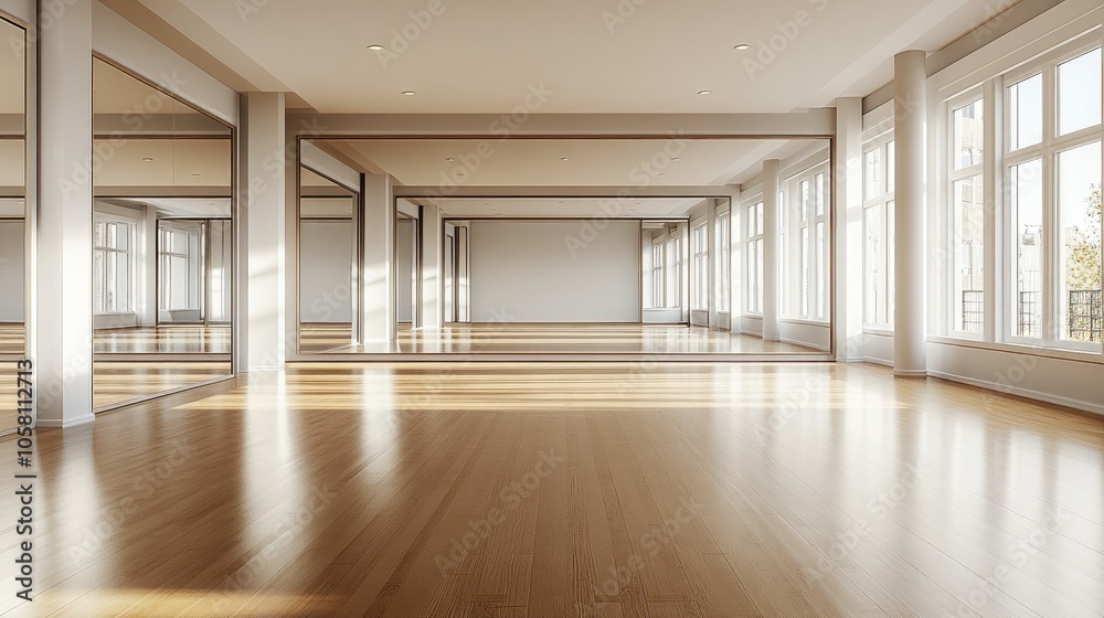 Fototapeta premium Spacious Sunlit Modern Dance Studio with Large Windows and Wooden Flooring for Yoga or Ballet Classes