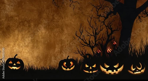 A dimly lit, eerie Halloween scene featuring silhouetted haunted trees and jack-o'-lanterns with flickering candlelight, set against a textured brown background