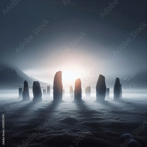 Mysterious stone monoliths surrounded by mist on a desolate plain