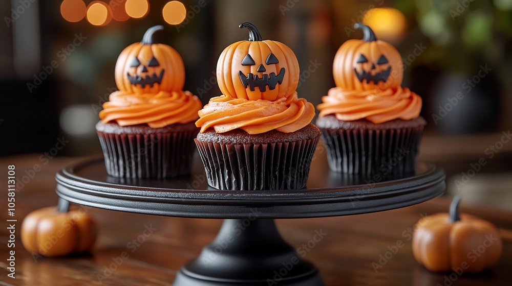 Three chocolate cupcakes with orange frosting and jack-o-lantern toppers on a black cake stand. Three chocolate cupcakes with orange frosting and jack-o-lantern toppers on a black cake stand.