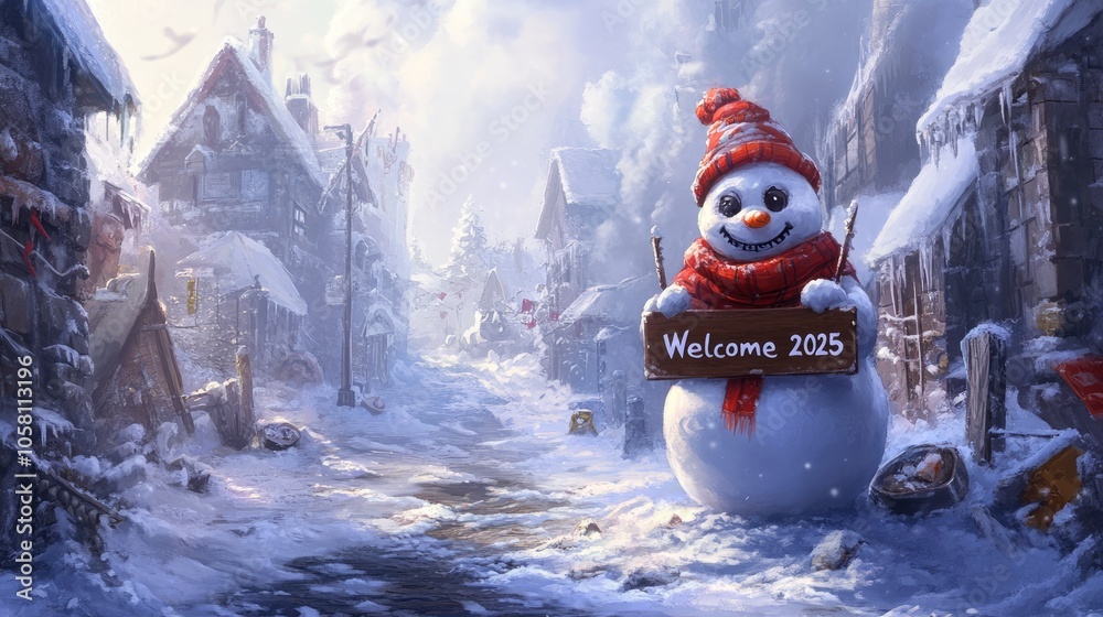 Fototapeta premium Snowy Village with Cheerful Snowman Welcoming New Year