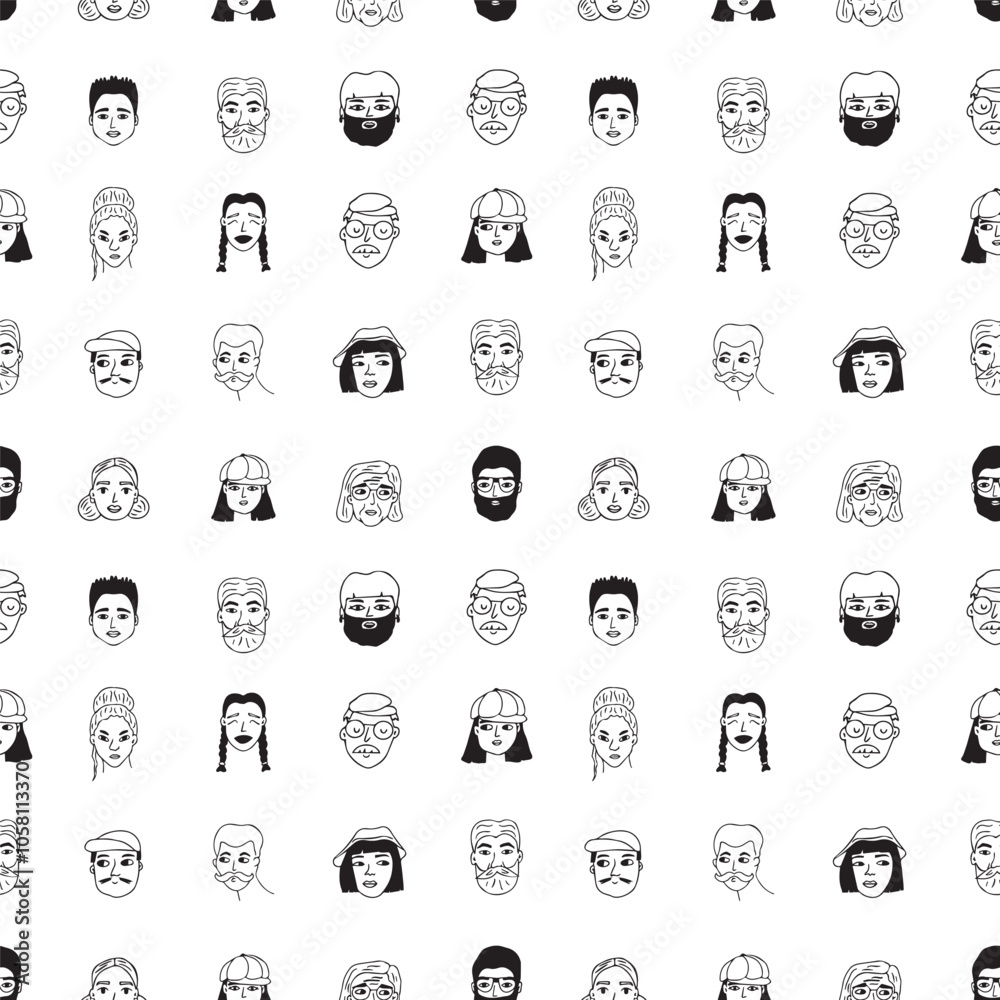 Social doodle trendy black white people faces line seamless pattern. Vector hand drawn illustration of line men and women on white background