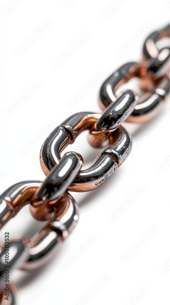 Fototapeta premium Metal chain links, close-up on white isolate background