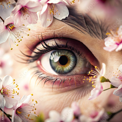 girl with flowers. eye, beauty, woman, iris, face, eyeball, vision, blue, abstract, eyelashes, green, macro, look, closeup, color, pupil, illustration, eyelash, makeup, vector, looking, view, see, sig