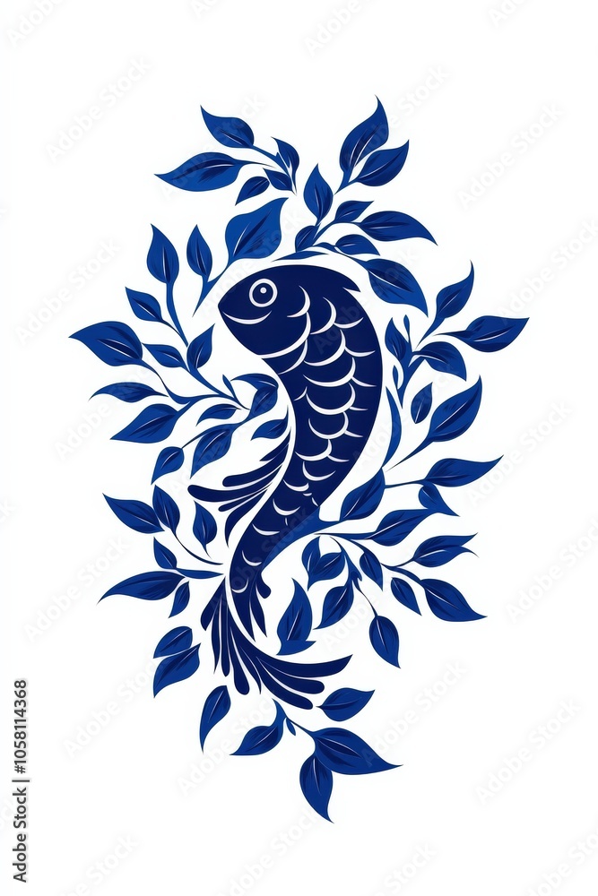 Fototapeta premium Stylized fish surrounded by leaves on a white background.