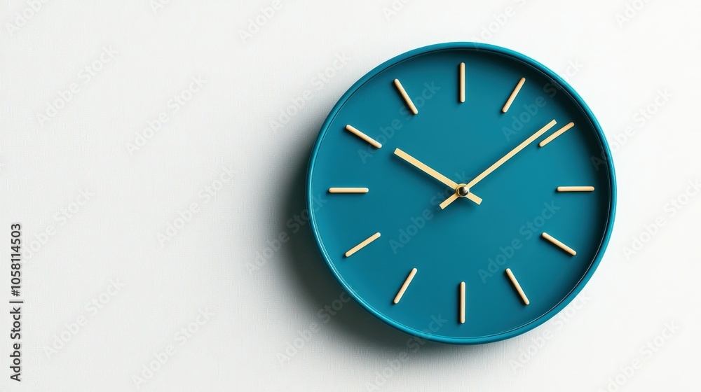 Stylish turquoise wall clock with gold hands on a white background. Stylish turquoise wall clock with gold hands on a white background.