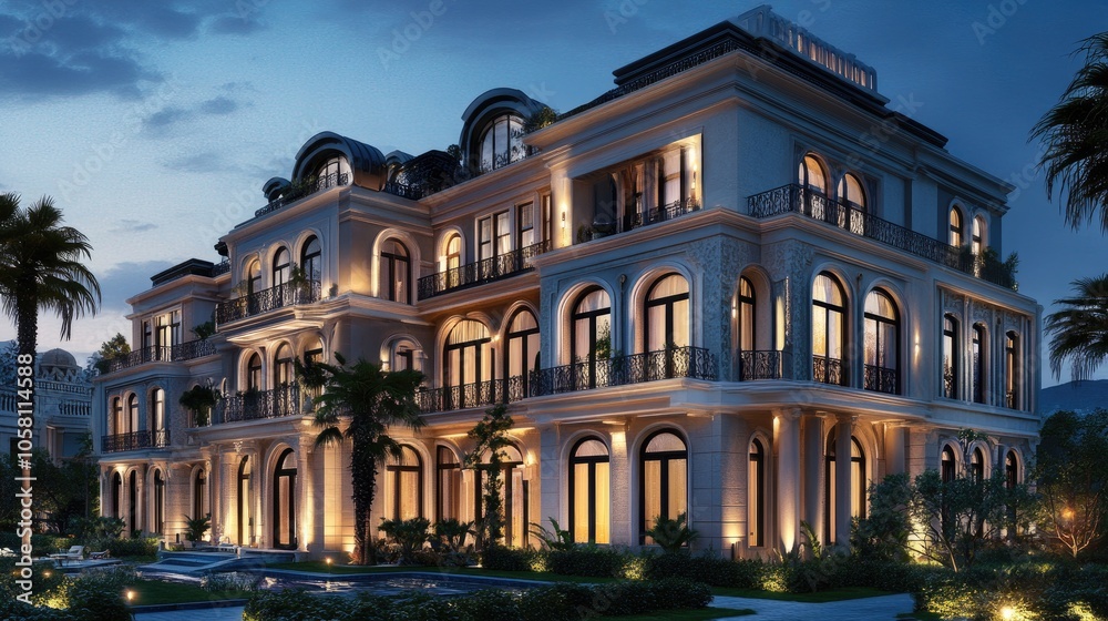 Fototapeta premium Contemporary 3D Illustration of Residential Building at Night