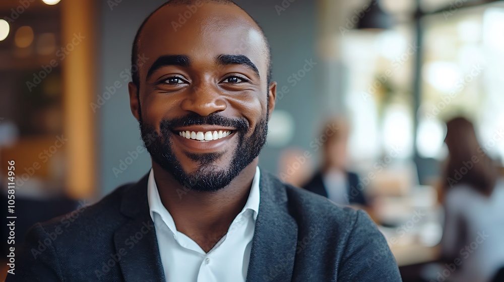 Smiling professional in a modern office setting with colleagues in background Smiling professional in a modern office setting with colleagues in background
