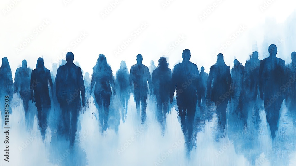 Naklejka premium Silhouettes of people walking in a misty blue landscape