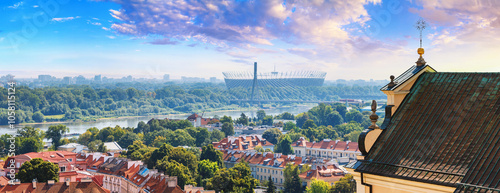 Cityscape, panorama, banner - top view of neighbourhood of Powisle eastern bank of the Vistula River with the Stadion Narodowy, in center of Warsaw, Poland