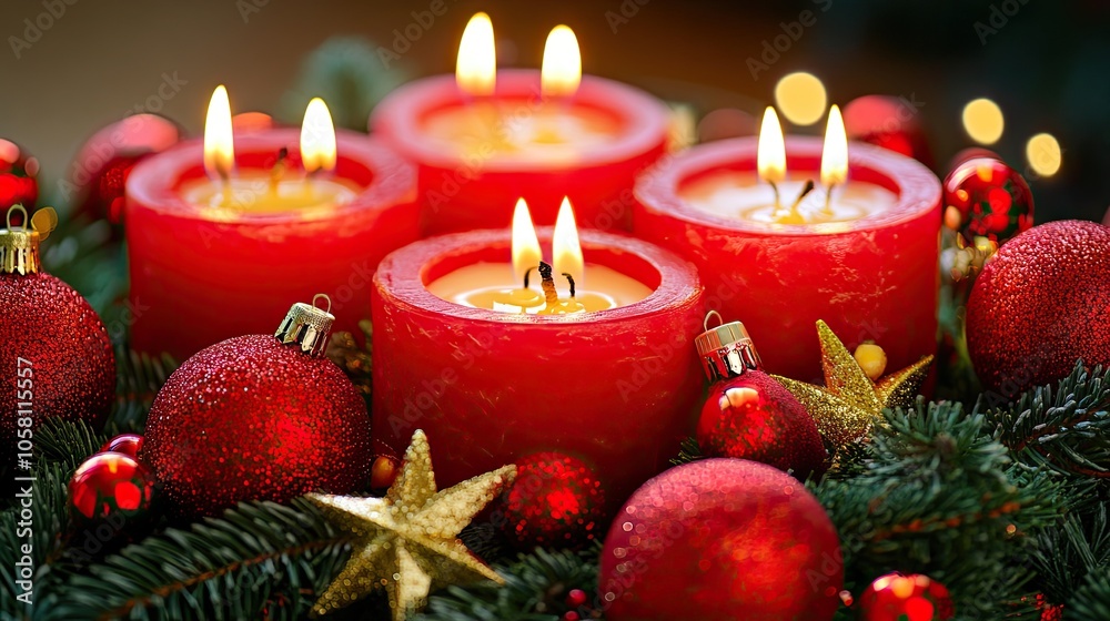 Warm Glow of Red Candles and Holiday Decorations