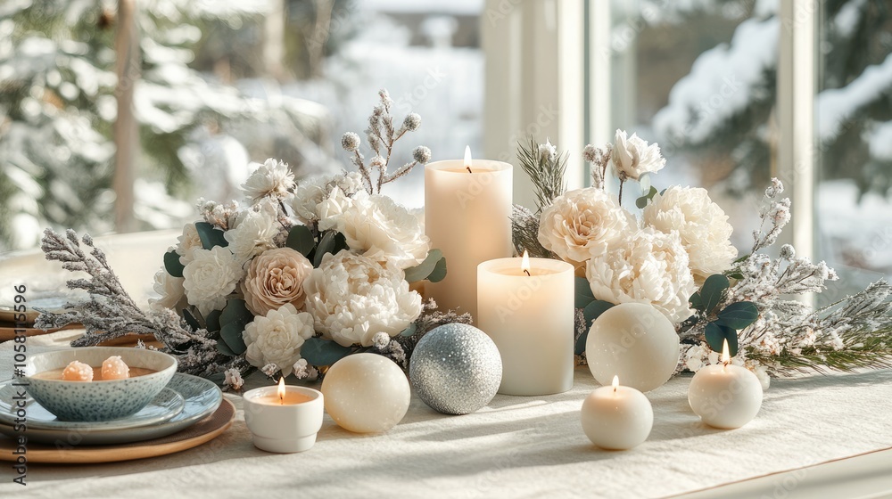 Elegant Winter Table Setting with Candles and Flowers Elegant Winter Table Setting with Candles and Flowers