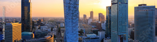 Obraz na płótnie Cityscape at sunset, panorama, banner - top view of the Downtown district of Warsaw with high-rise buildings, located within the Wola district in western Warsaw, Poland w salonie