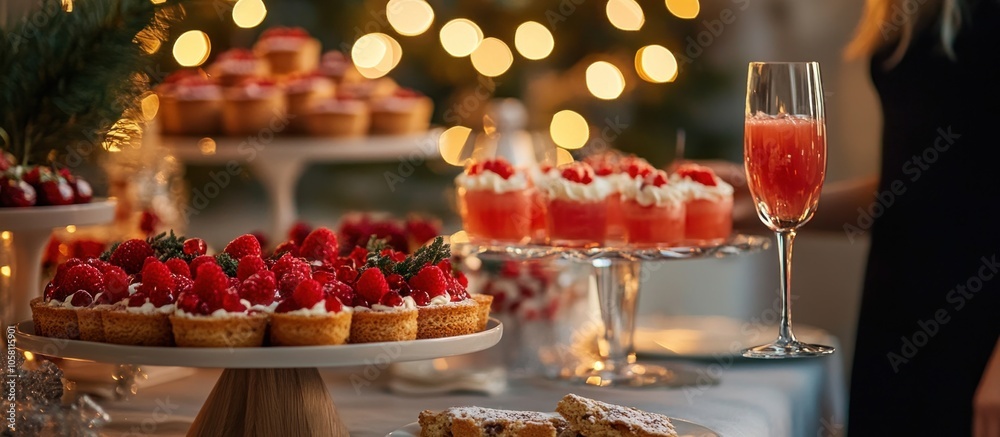 A festive table setting with various desserts, a glass of sparkling wine and blurred background of warm lights. A festive table setting with various desserts, a glass of sparkling wine and blurred background of warm lights.