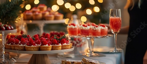 A festive table setting with various desserts, a glass of sparkling wine and blurred background of warm lights.