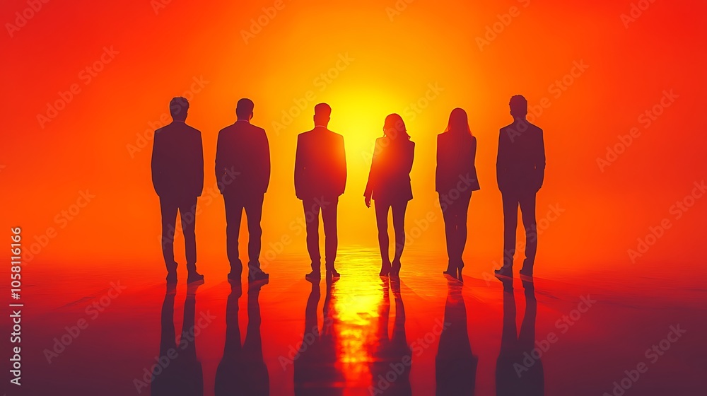Fototapeta premium Silhouetted figures against a vibrant sunset a symbol of unity and strength
