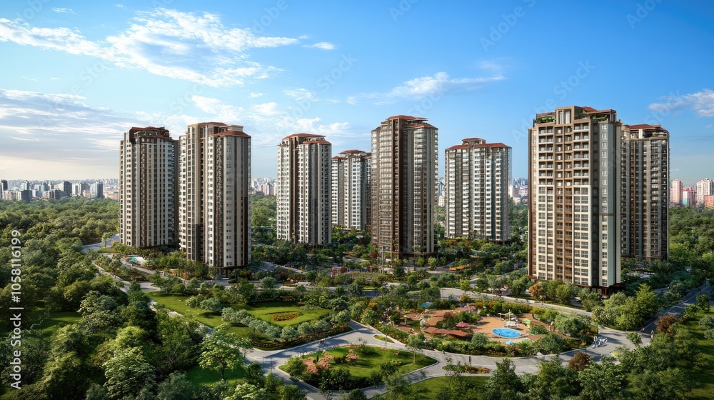3D Rendering of Luxury Flats in a Green Landscape 3D Rendering of Luxury Flats in a Green Landscape