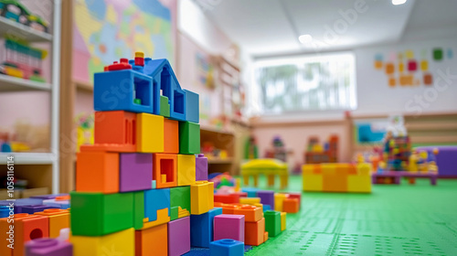 close-up view of colorful children room with Colorful plastic building blocks on floor.ai generative