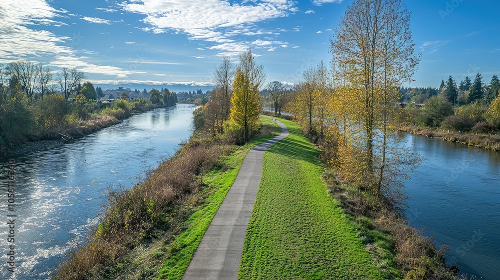 Scenic River Path Under Bright Blue Sky Scenic River Path Under Bright Blue Sky