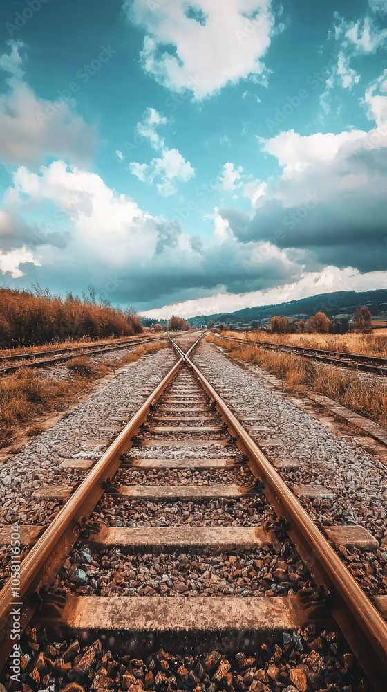 Fototapeta premium Captivating View of Railway Tracks Under Dramatic Sky