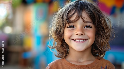 Joyful child smiling in vibrant outdoor setting captured in moment