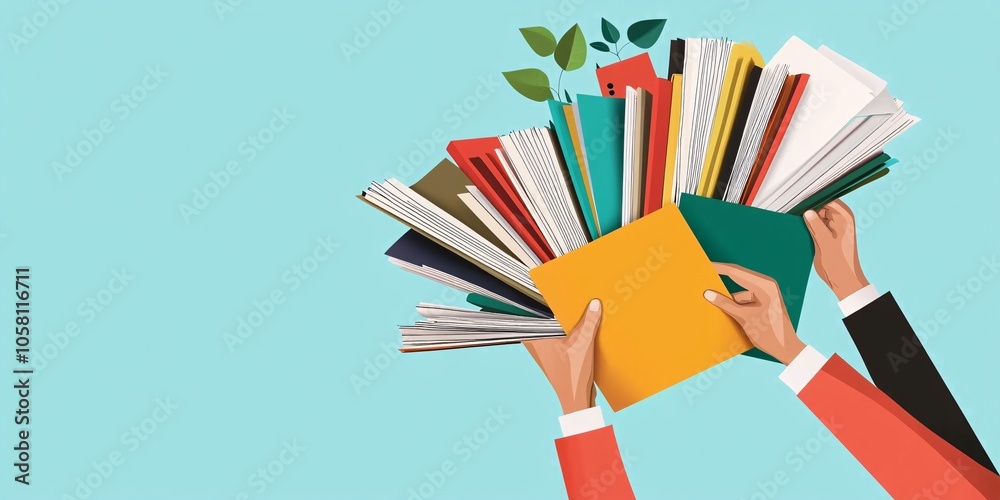 A vibrant illustration of hands holding a variety of colorful notebooks and papers, surrounded by green leaves against a light blue background. A vibrant illustration of hands holding a variety of colorful notebooks and papers, surrounded by green leaves against a light blue background.