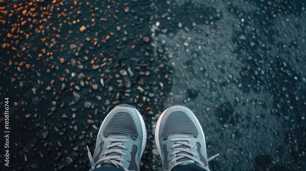 Wellness concept: Man checking sneakers on road in morning from above. Wellness concept: Man checking sneakers on road in morning from above.