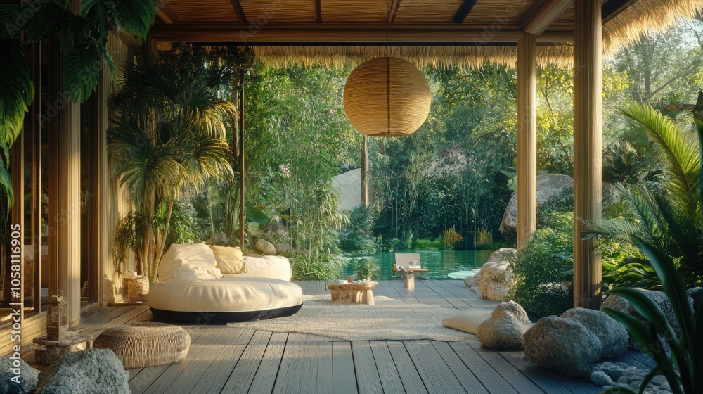 Fototapeta premium Tropical House with Open Floor and Lush Surroundings