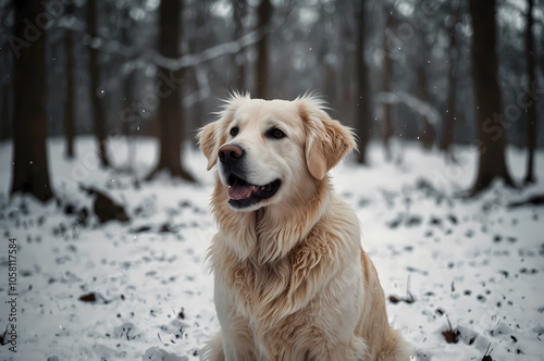 beautiful golden retriever dog standing outdoors in winter forest